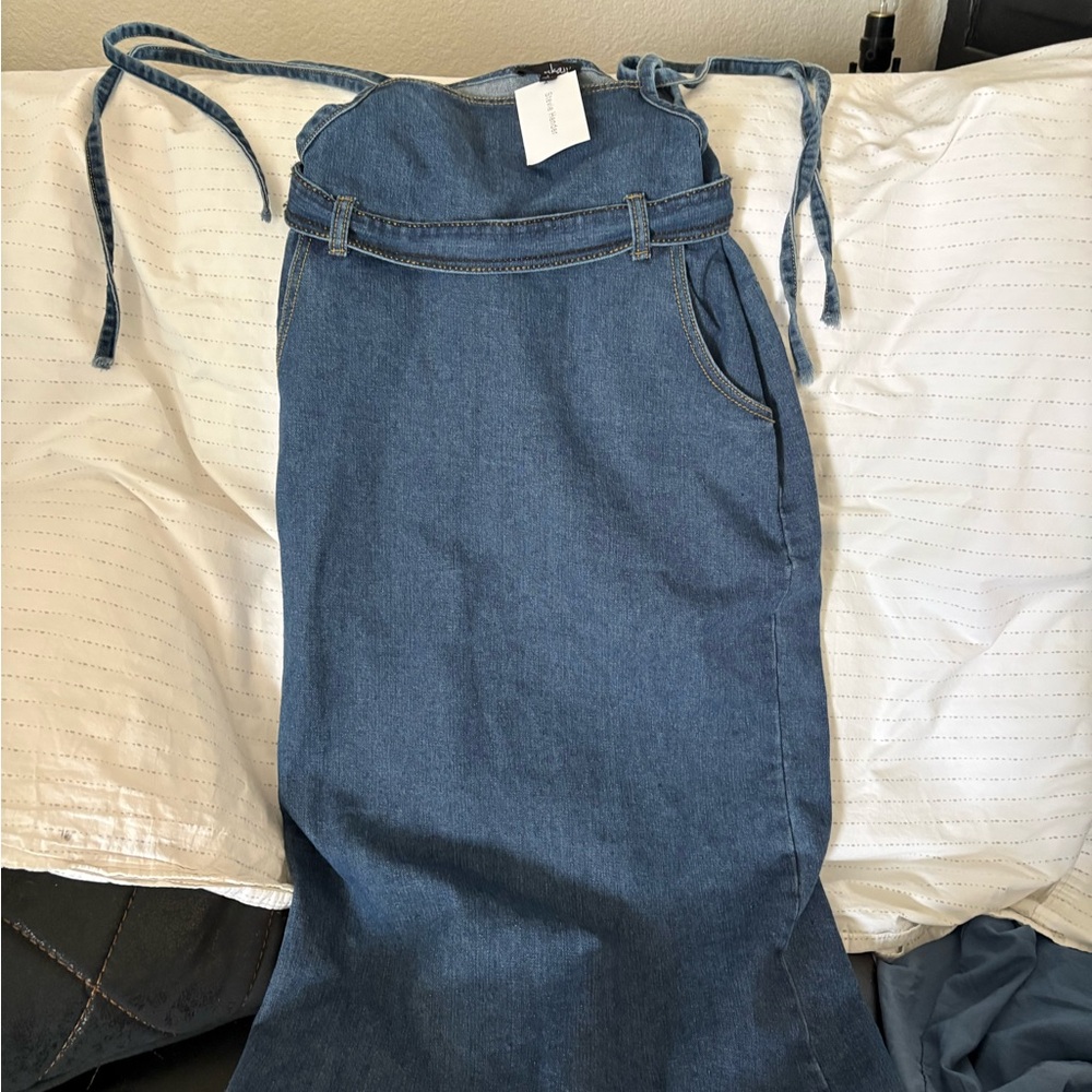 Blue Denim Midi Dress with Tie Straps